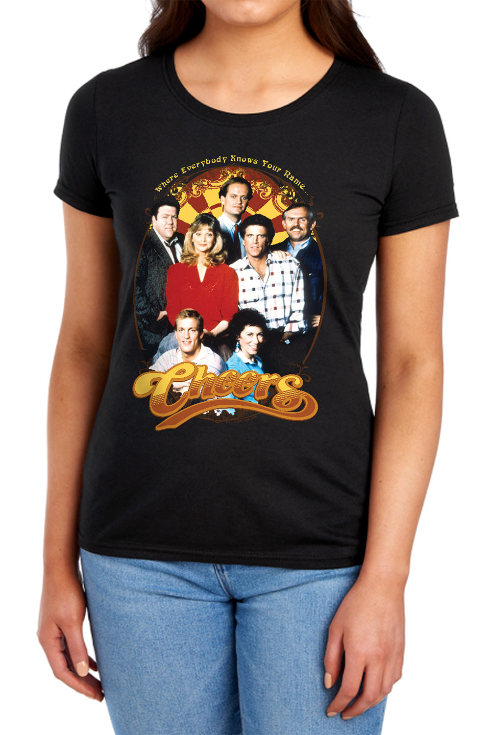 AN OFFCIALLY LICENSED CHEERS GROUP SHOT WOMEN'S REGULAR FIT T-SHIRT BLACK