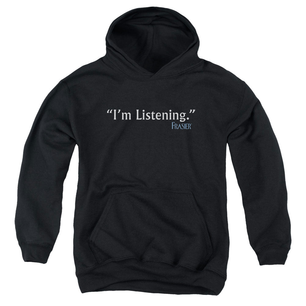 AN OFFCIALLY LICENSED FRASIER IM LISTENING YOUTH HOODIE BLACK