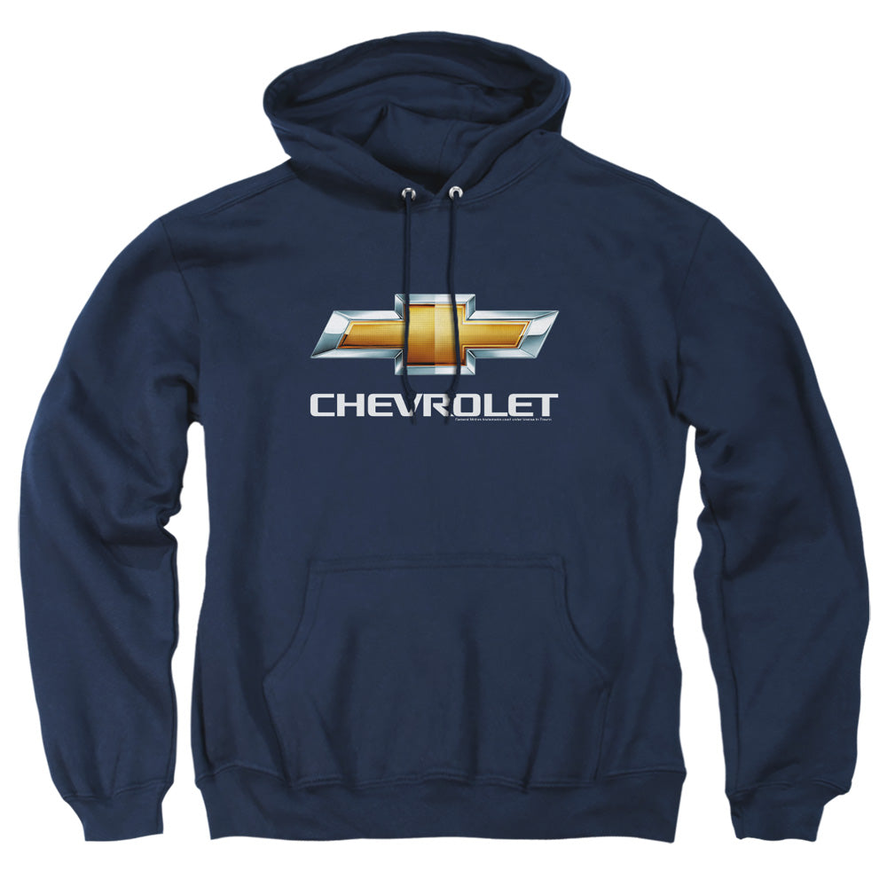 AN OFFCIALLY LICENSED CHEVROLETS CHEVY BOWTIE STACKED ADULT UNISEX PULLOVER HOODIE NAVY