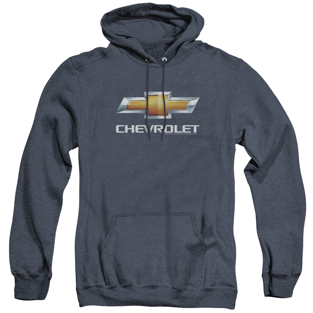 AN OFFCIALLY LICENSED CHEVROLETS CHEVY BOWTIE STACKED ADULT UNISEX HEATHER PULLOVER HOODIE NAVY