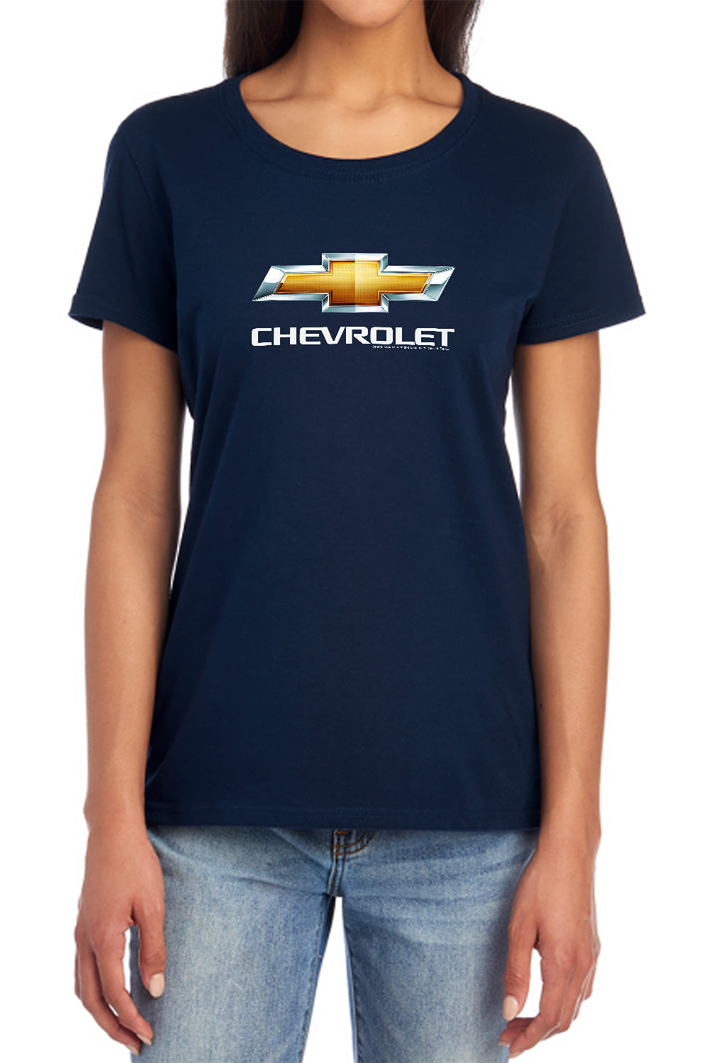 AN OFFCIALLY LICENSED CHEVROLETS CHEVY BOWTIE STACKED WOMEN'S REGULAR FIT T-SHIRT NAVY