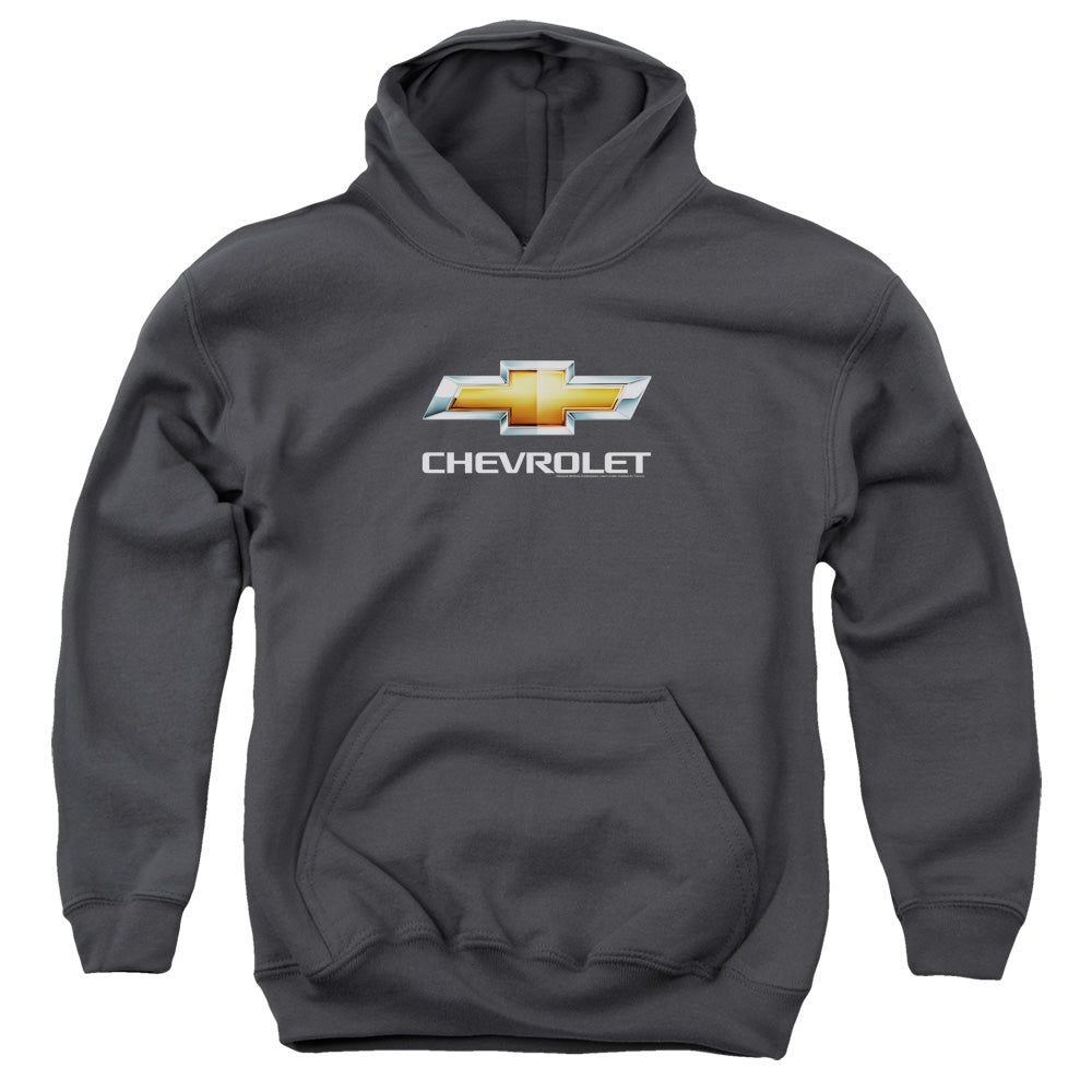 AN OFFCIALLY LICENSED CHEVROLETS CHEVY BOWTIE STACKED YOUTH HOODIE CHARCOAL