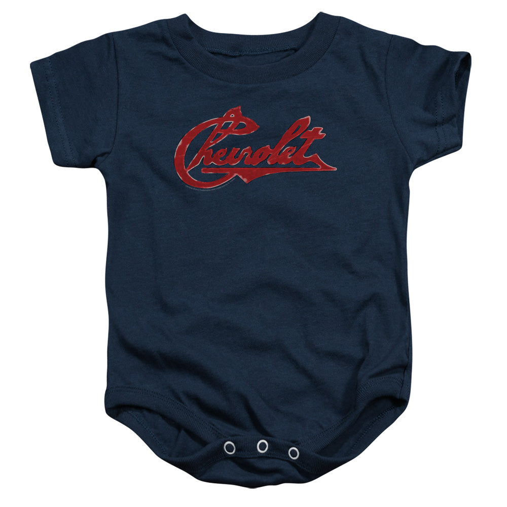 AN OFFCIALLY LICENSED CHEVROLET CHEVROLET SCRIPT DISTRESSED BABY BODYSUIT NAVY