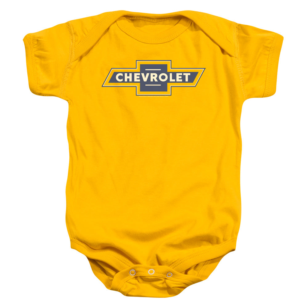 AN OFFCIALLY LICENSED CHEVROLET BLUE AND GOLD VINTAGE BOWTIE BABY BODYSUIT GOLD