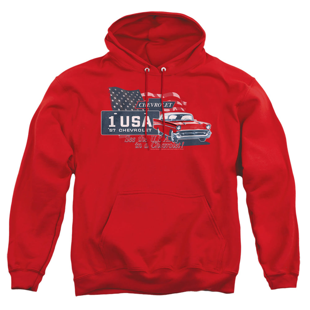 AN OFFCIALLY LICENSED CHEVROLET SEE THE USA ADULT UNISEX PULLOVER HOODIE RED