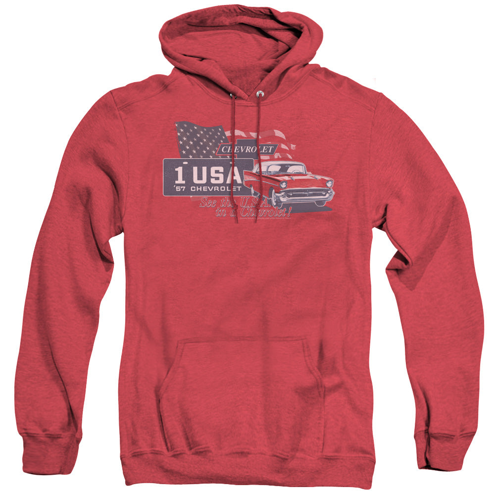 AN OFFCIALLY LICENSED CHEVROLET SEE THE USA ADULT UNISEX HEATHER PULLOVER HOODIE RED