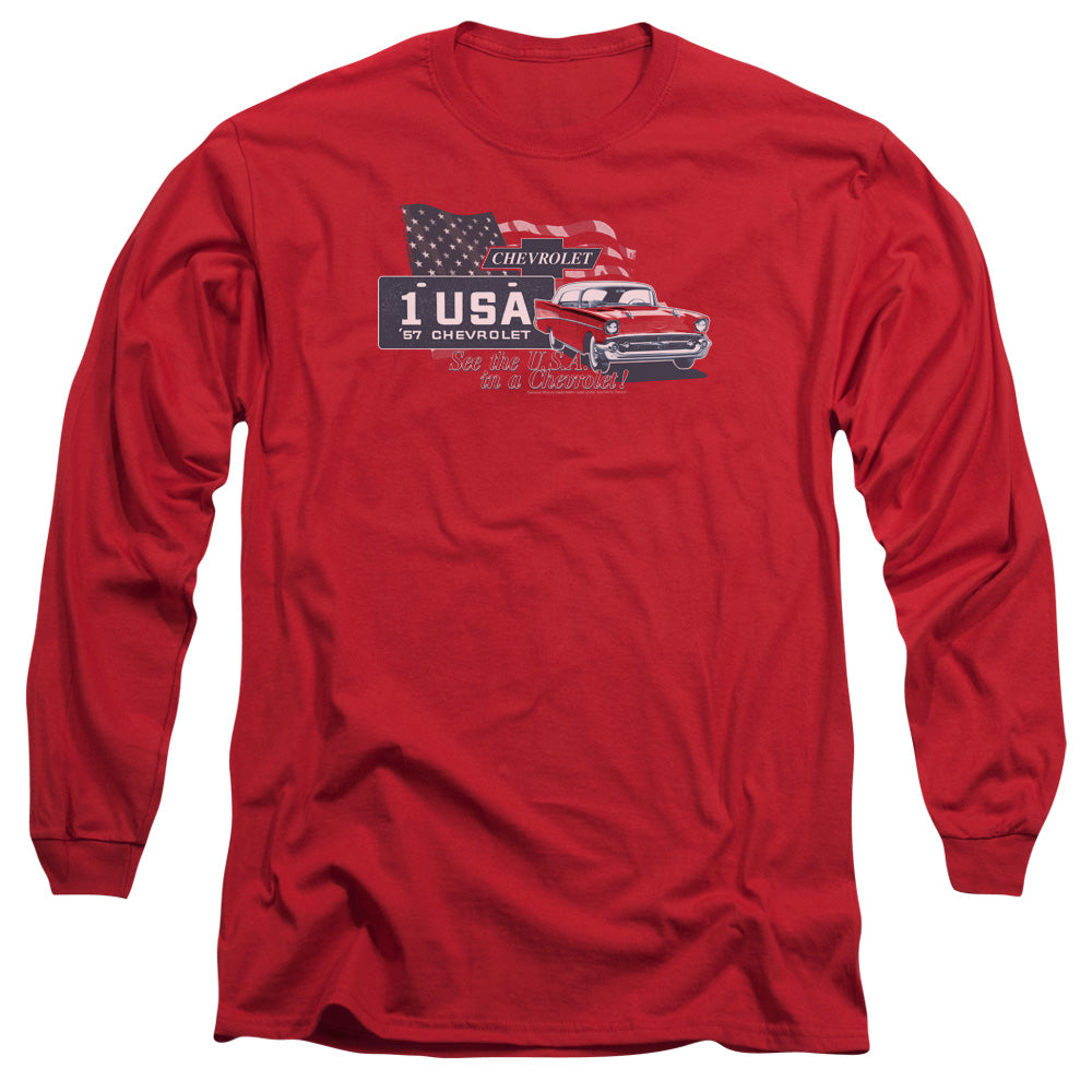 AN OFFCIALLY LICENSED CHEVROLET SEE THE USA MEN'S LONG SLEEVE T-SHIRT RED