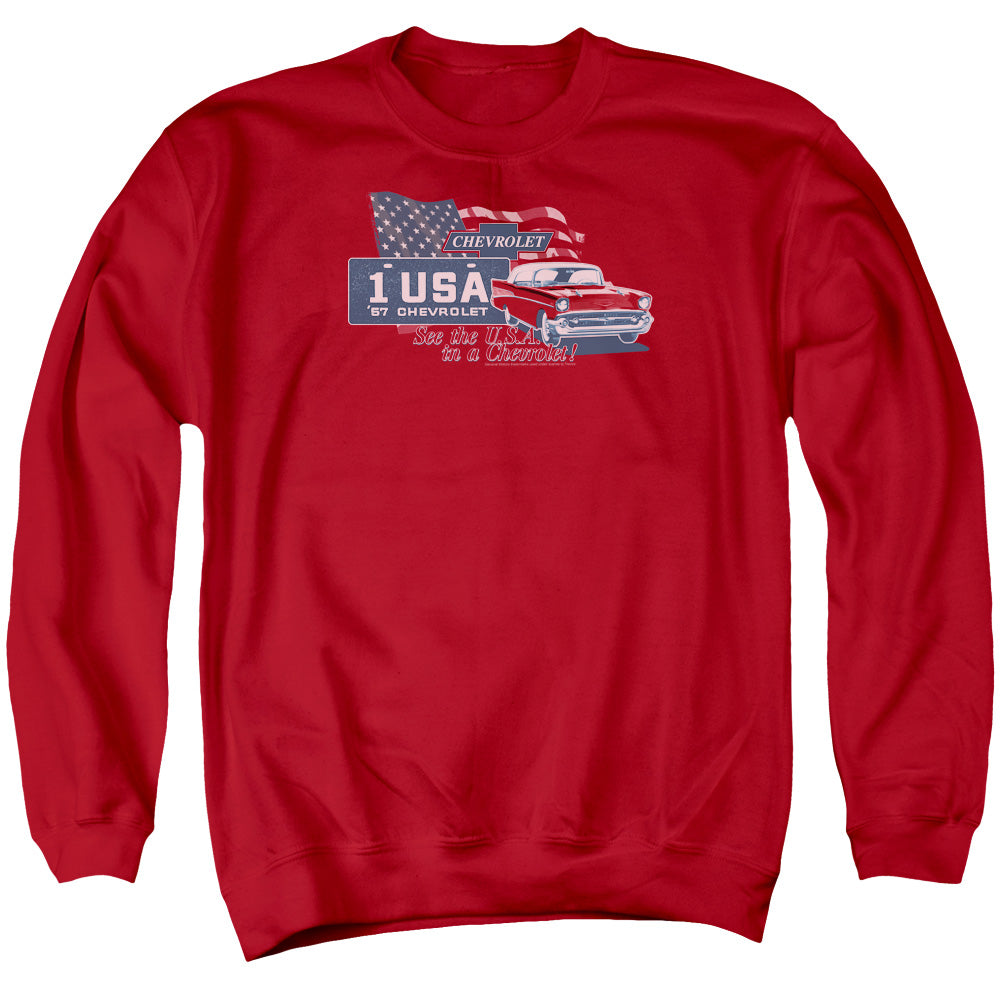 AN OFFCIALLY LICENSED CHEVROLET SEE THE USA ADULT UNISEX CREWNECK SWEATSHIRT RED