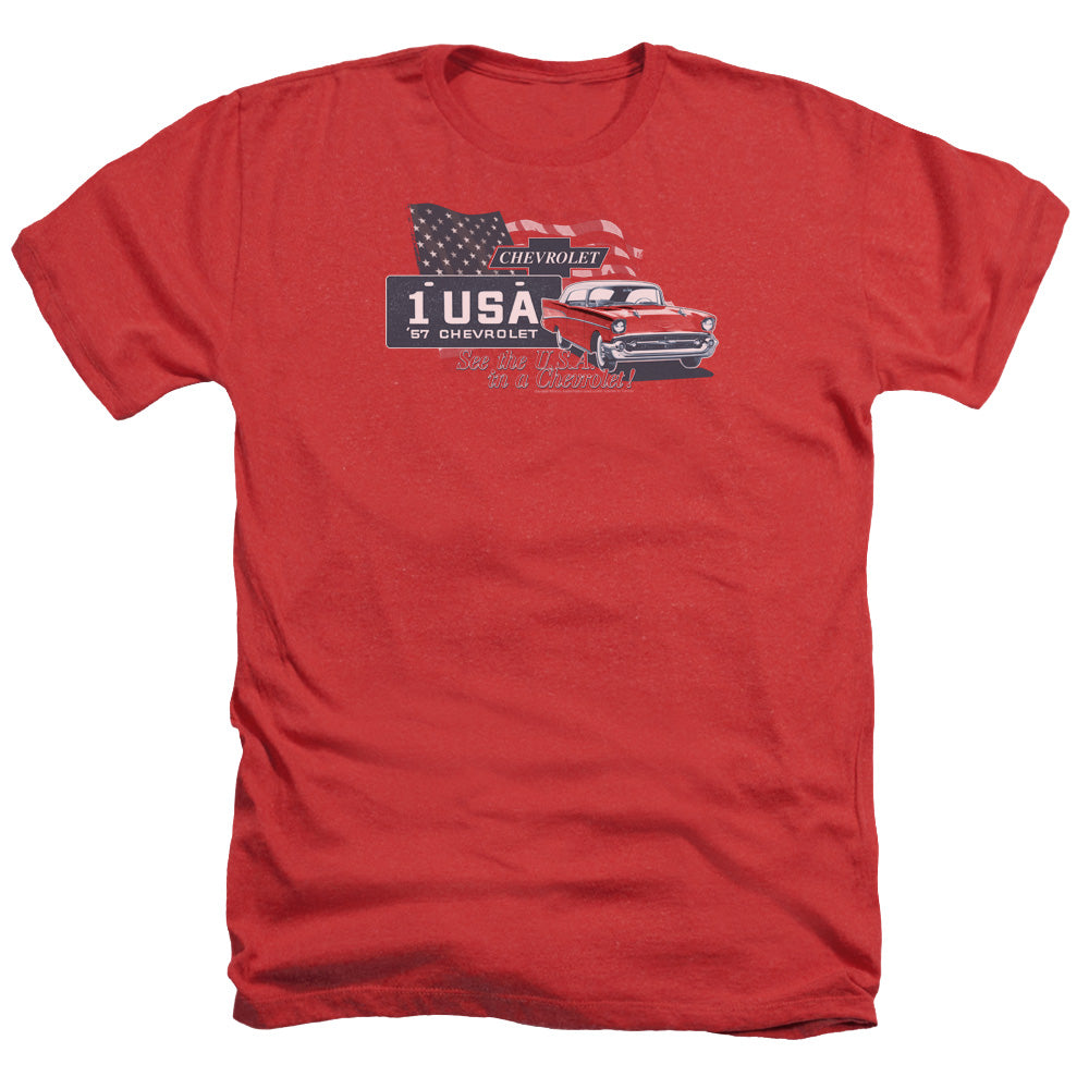 AN OFFCIALLY LICENSED CHEVROLET SEE THE USA MEN'S HEATHER T-SHIRT RED