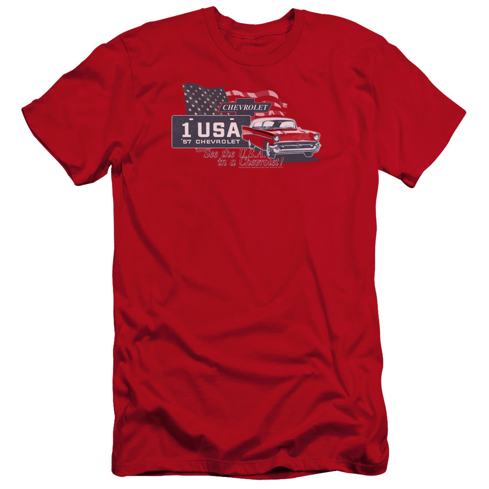 AN OFFCIALLY LICENSED CHEVROLET SEE THE USA MEN'S PREMIUM SLIM FIT T-SHIRT RED