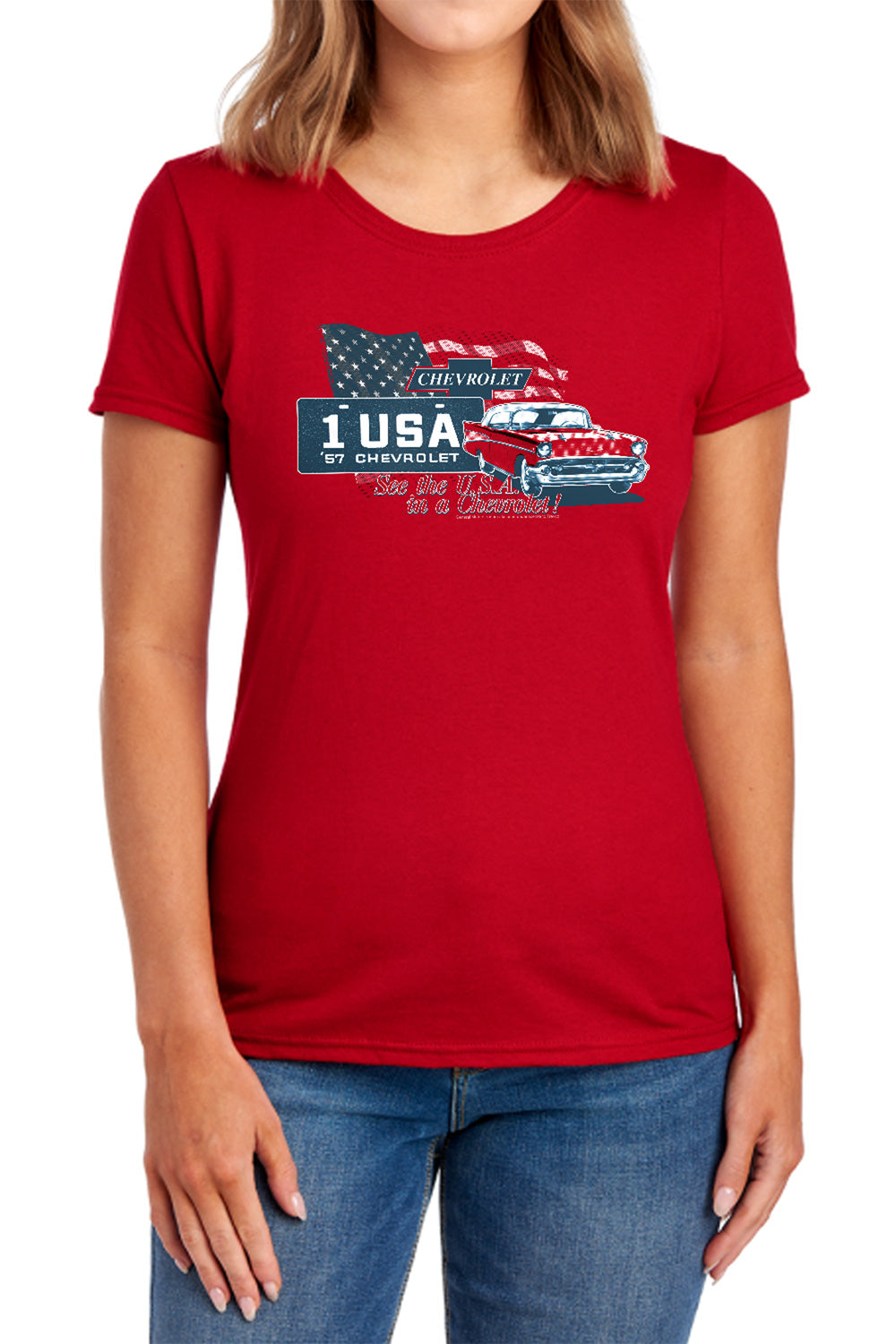AN OFFCIALLY LICENSED CHEVROLET SEE THE USA WOMEN'S REGULAR FIT T-SHIRT RED