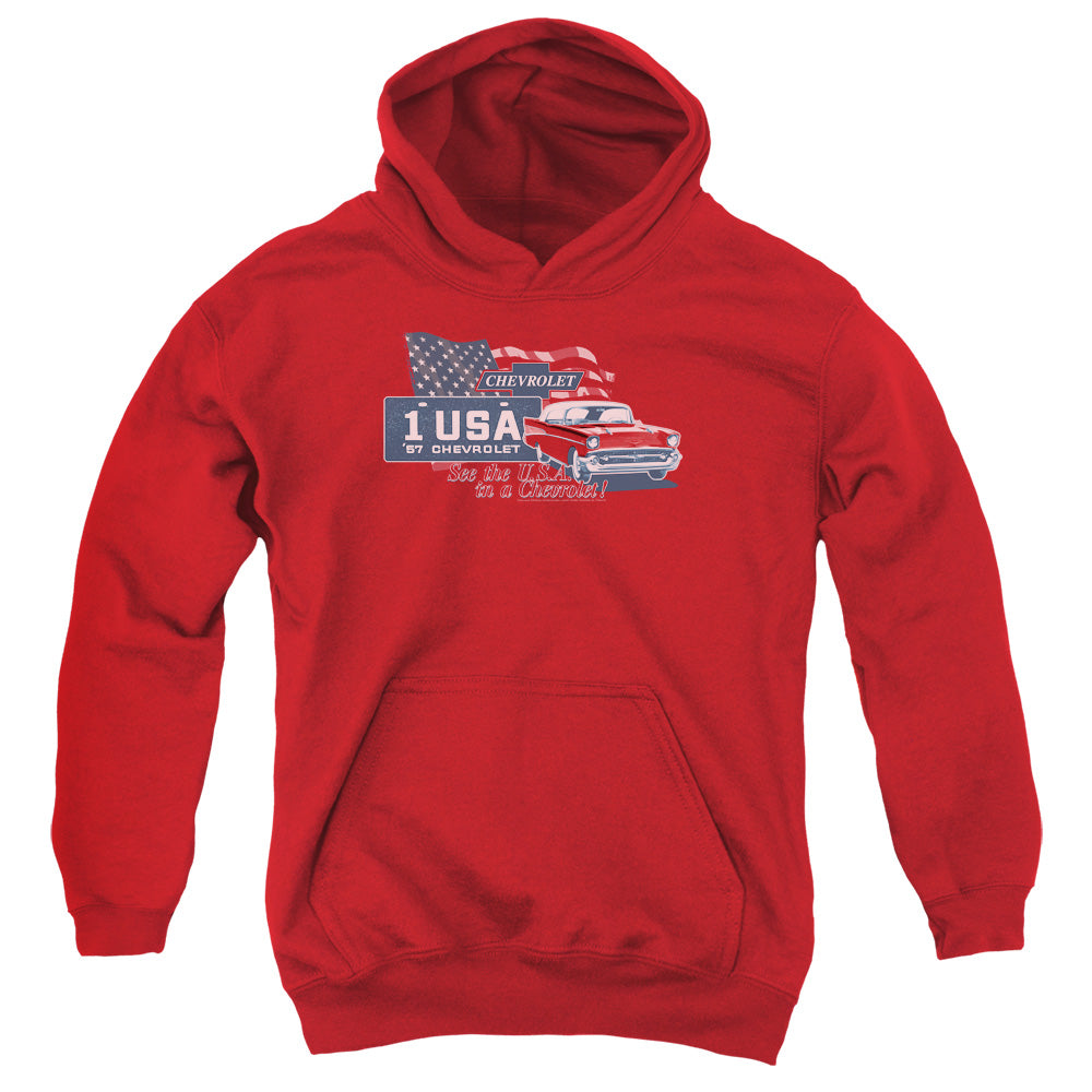 AN OFFCIALLY LICENSED CHEVROLET SEE THE USA YOUTH HOODIE RED