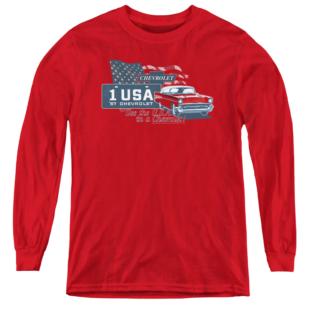 AN OFFCIALLY LICENSED CHEVROLET SEE THE USA YOUTH LONG SLEEVE T-SHIRT RED