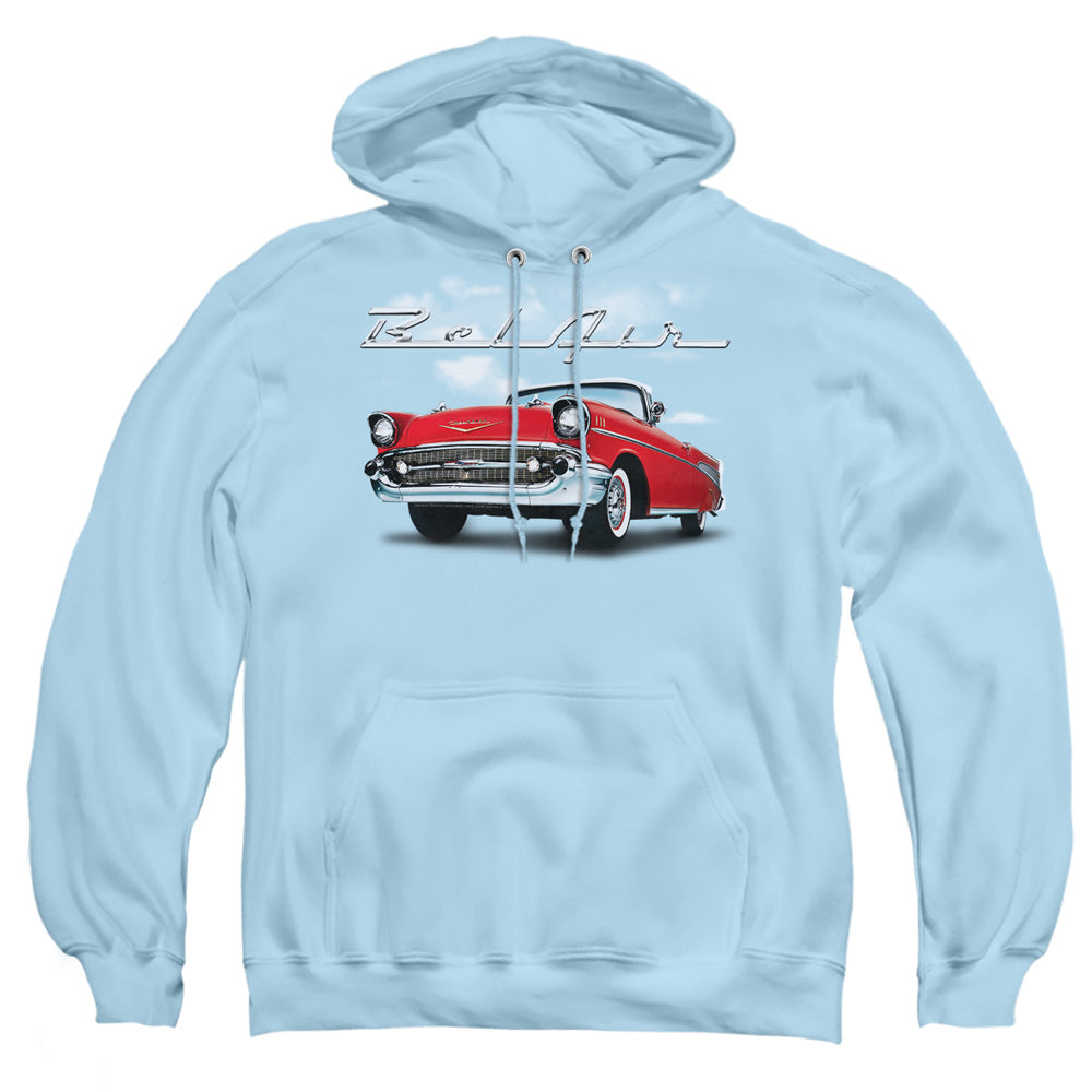 AN OFFCIALLY LICENSED CHEVROLET BEL AIR CLOUDS ADULT UNISEX PULLOVER HOODIE LIGHT BLUE