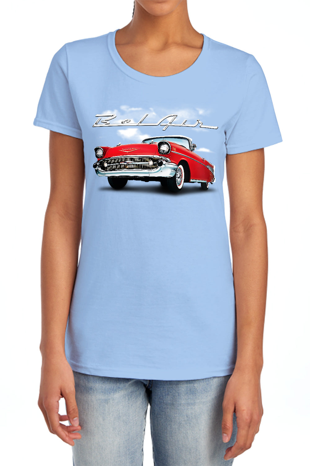 AN OFFCIALLY LICENSED CHEVROLET BEL AIR CLOUDS WOMEN'S REGULAR FIT T-SHIRT LIGHT BLUE