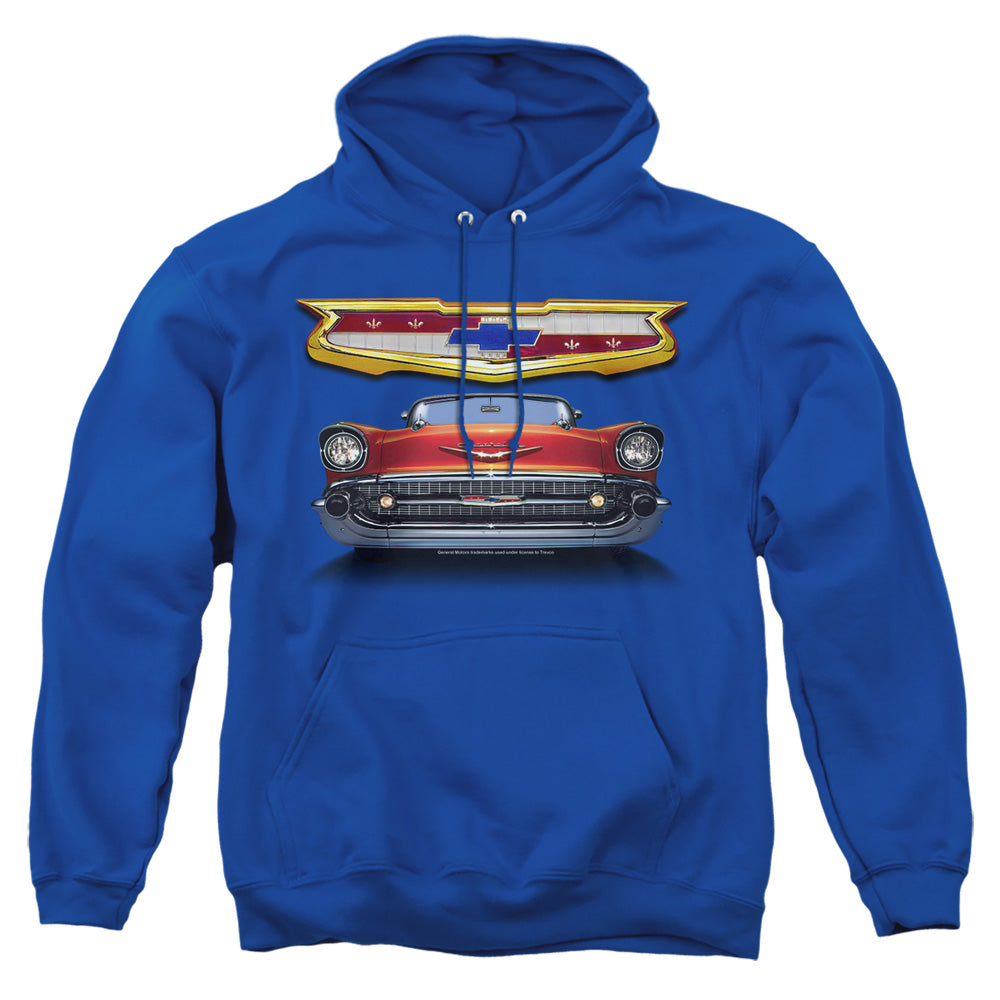 AN OFFCIALLY LICENSED CHEVROLET 1957 BEL AIR GRILLE ADULT UNISEX PULLOVER HOODIE ROYAL