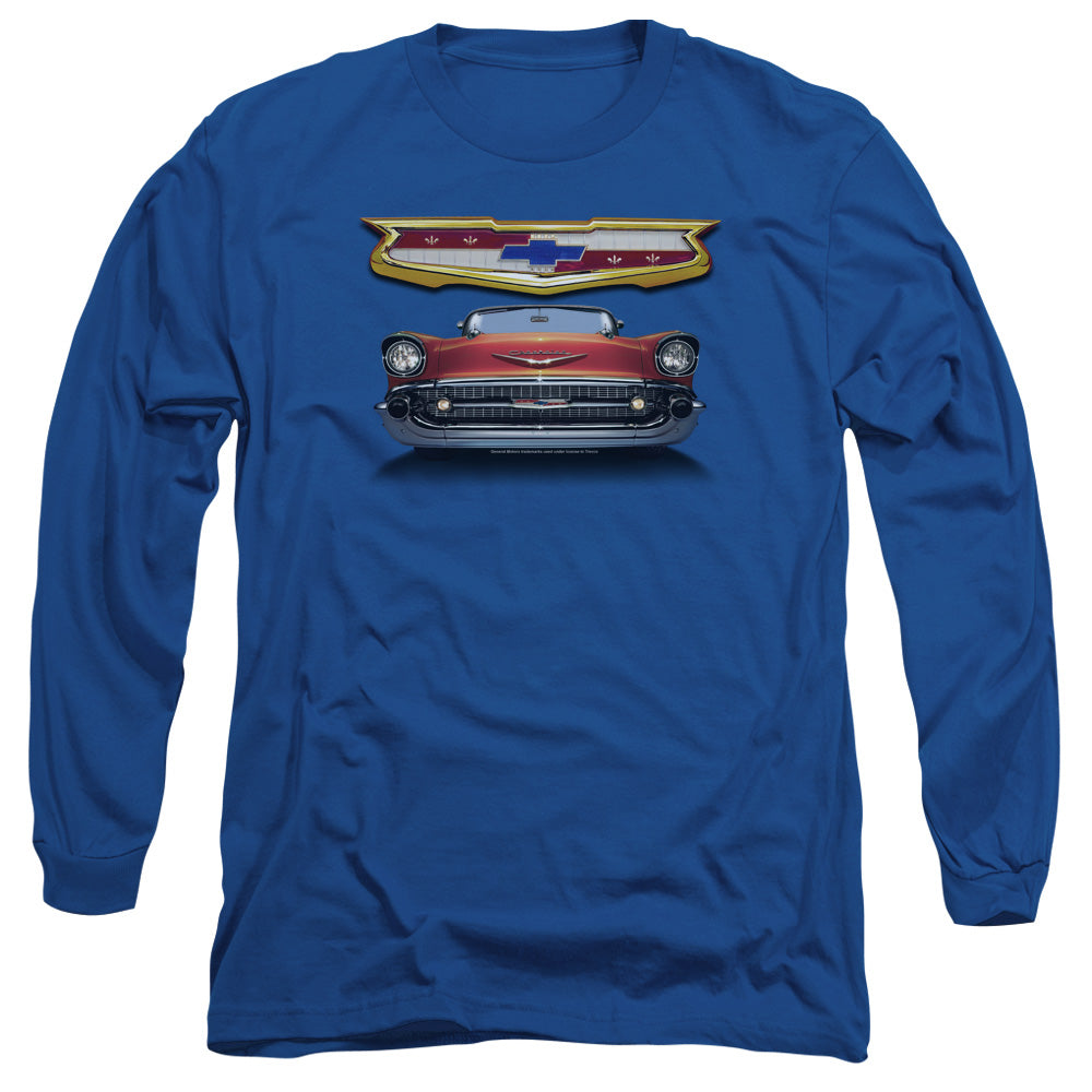 AN OFFCIALLY LICENSED CHEVROLET 1957 BEL AIR GRILLE MEN'S LONG SLEEVE T-SHIRT ROYAL