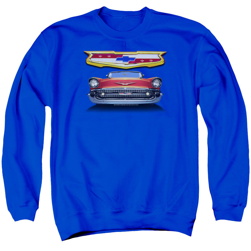 AN OFFCIALLY LICENSED CHEVROLET 1957 BEL AIR GRILLE ADULT UNISEX CREWNECK SWEATSHIRT ROYAL
