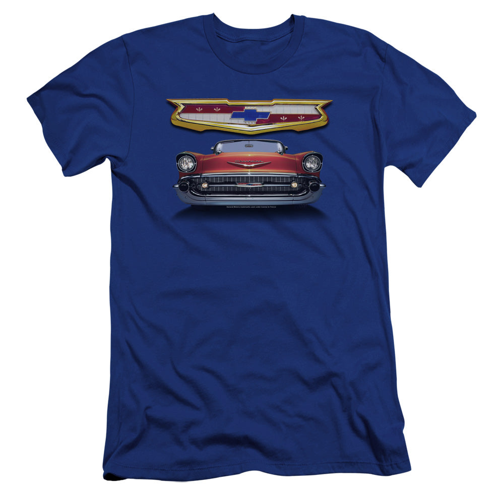 AN OFFCIALLY LICENSED CHEVROLET 1957 BEL AIR GRILLE MEN'S PREMIUM SLIM FIT T-SHIRT ROYAL