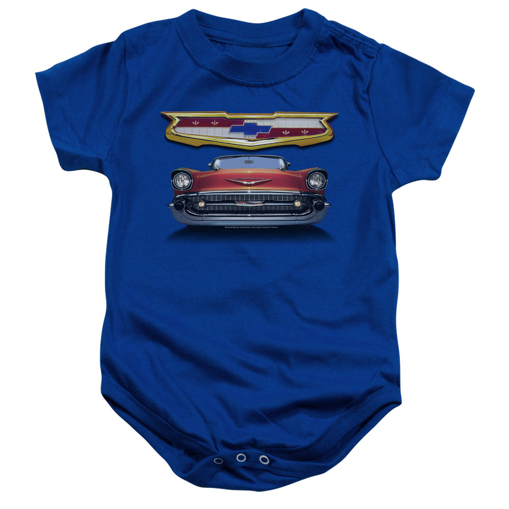 AN OFFCIALLY LICENSED CHEVROLET 1957 BEL AIR GRILLE BABY BODYSUIT ROYAL