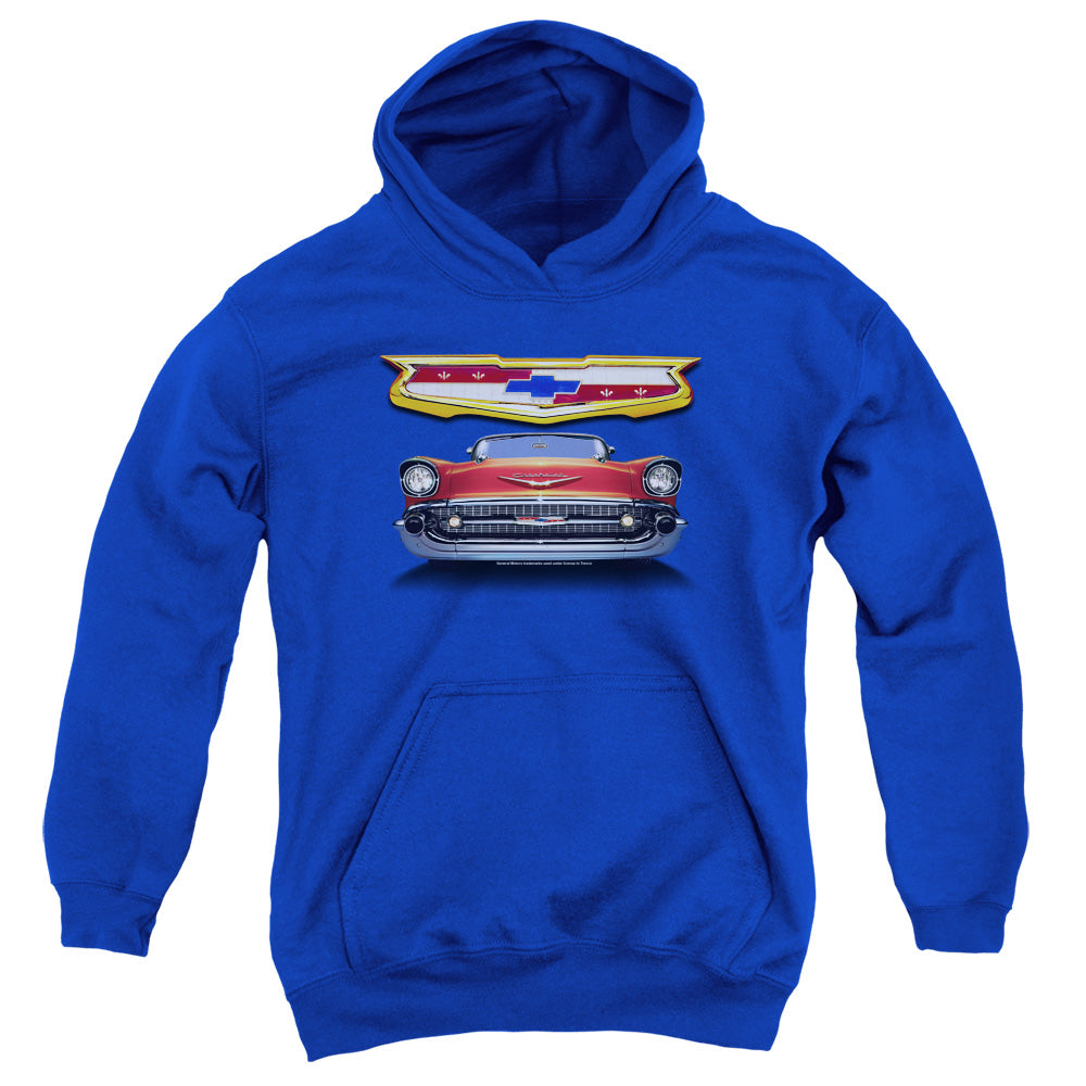 AN OFFCIALLY LICENSED CHEVROLET 1957 BEL AIR GRILLE YOUTH HOODIE ROYAL