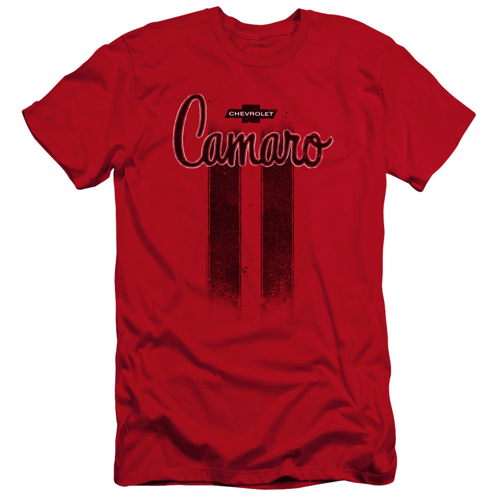 AN OFFCIALLY LICENSED CHEVROLET CAMARO STRIPES MEN'S PREMIUM SLIM FIT T-SHIRT RED