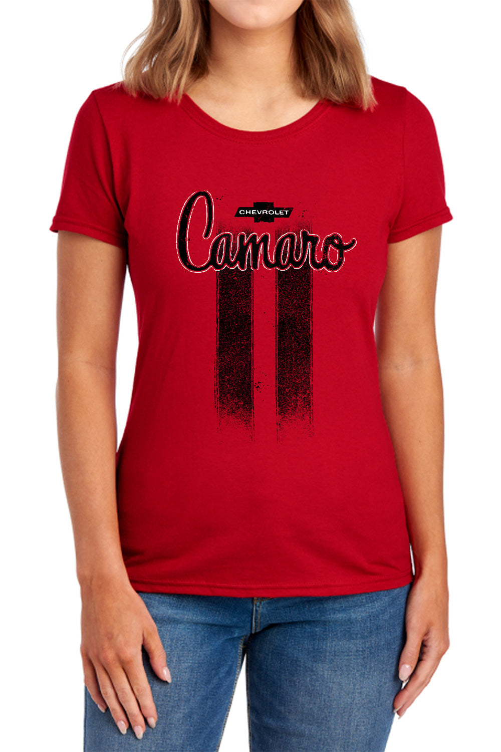 AN OFFCIALLY LICENSED CHEVROLET CAMARO STRIPES WOMEN'S REGULAR FIT T-SHIRT RED