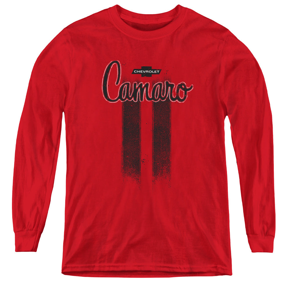 AN OFFCIALLY LICENSED CHEVROLET CAMARO STRIPES YOUTH LONG SLEEVE T-SHIRT RED
