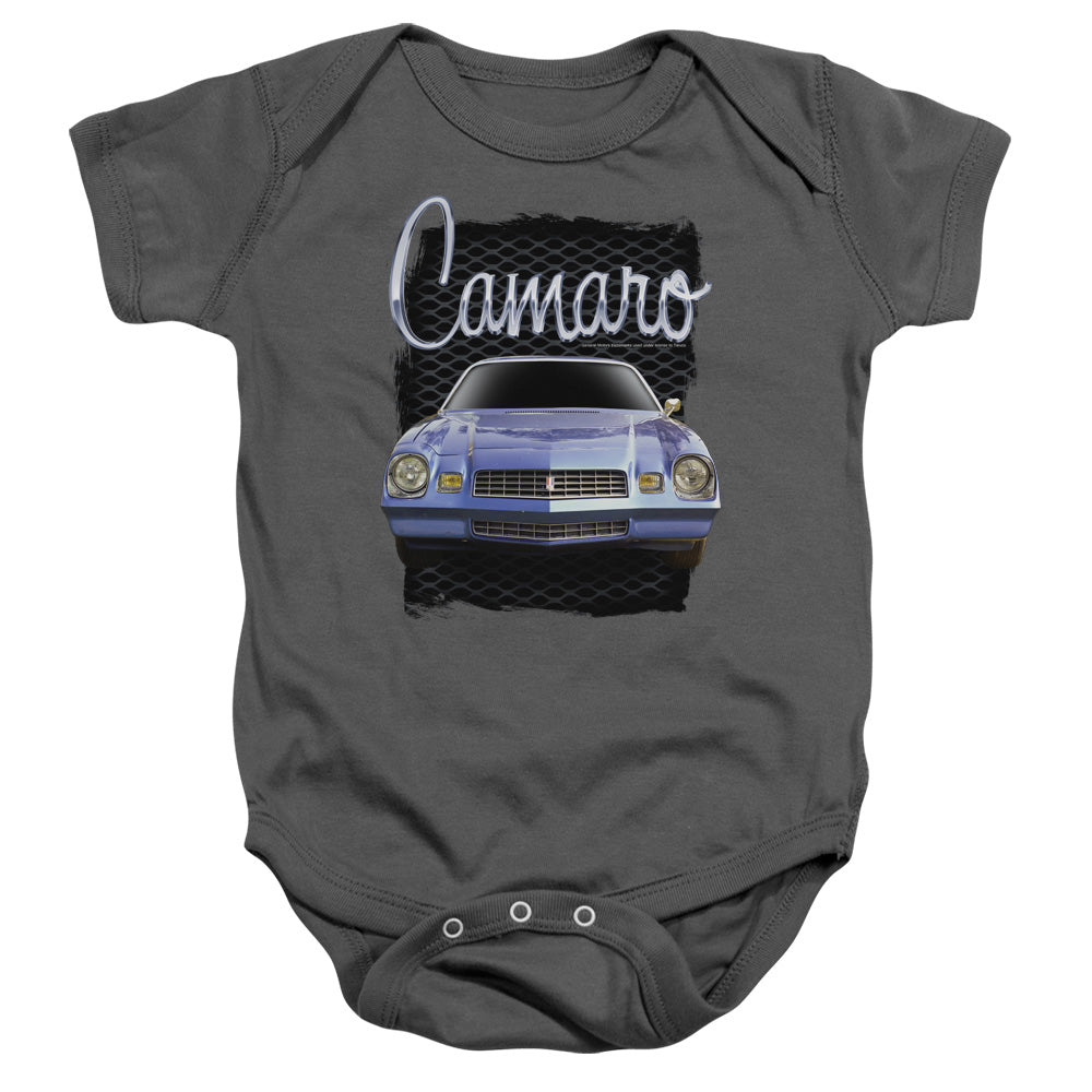 AN OFFCIALLY LICENSED CHEVROLET YELLOW CAMARO BABY BODYSUIT CHARCOAL