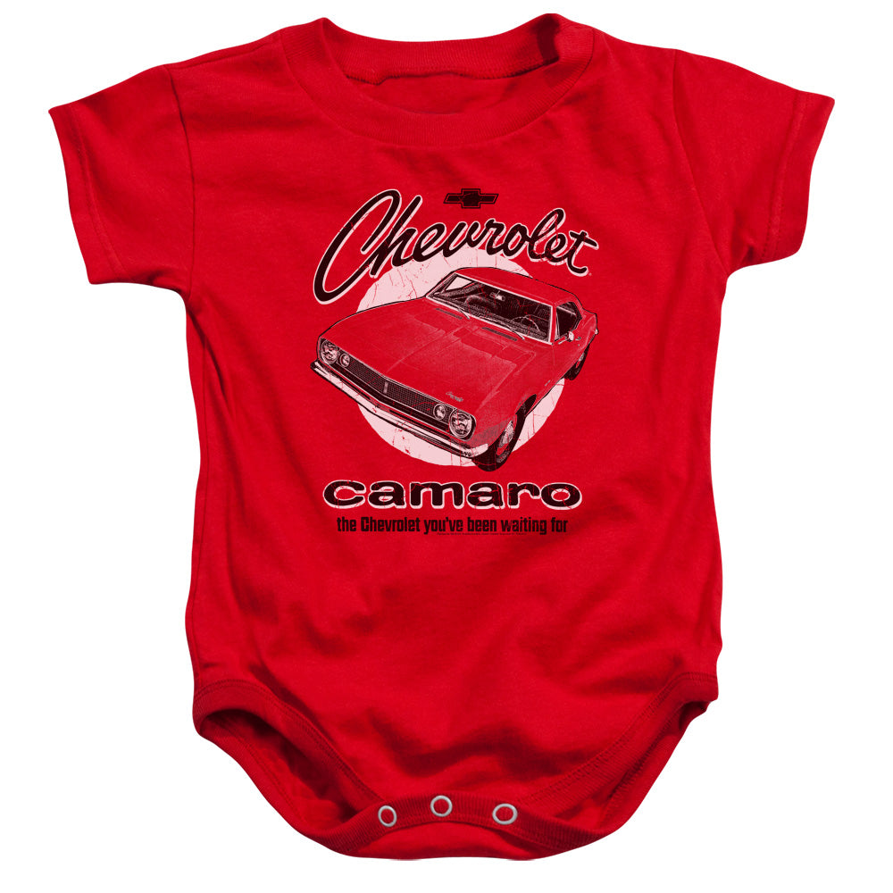 AN OFFCIALLY LICENSED CHEVROLET RETRO CAMARO BABY BODYSUIT RED