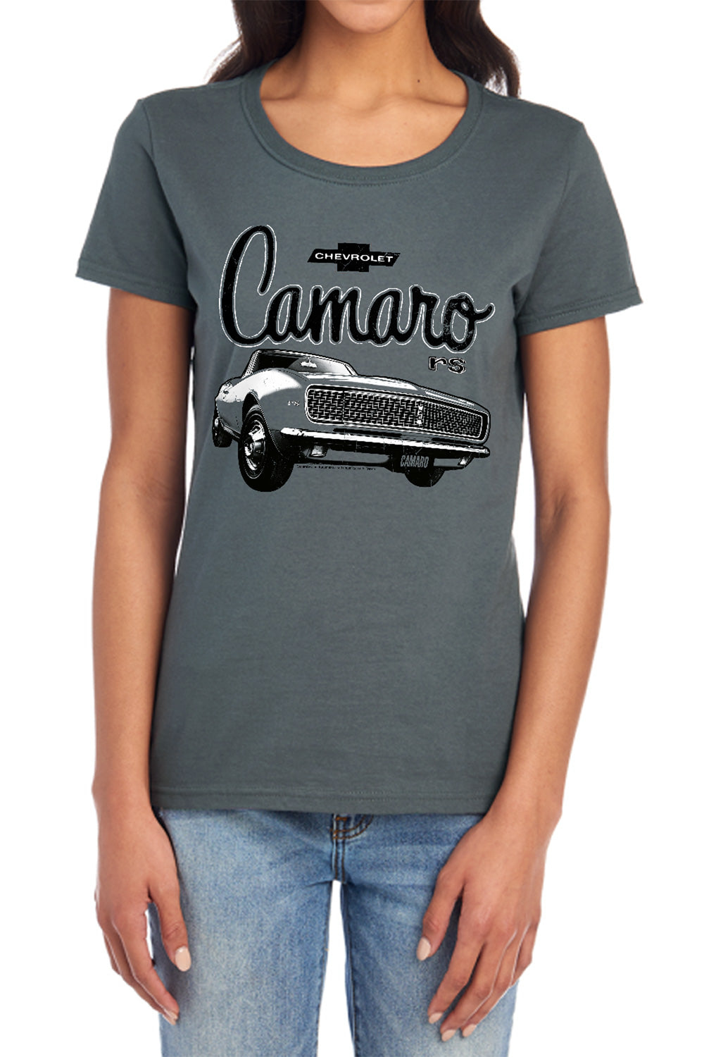 AN OFFCIALLY LICENSED CHEVROLET SCRIPT CAR WOMEN'S REGULAR FIT T-SHIRT CHARCOAL