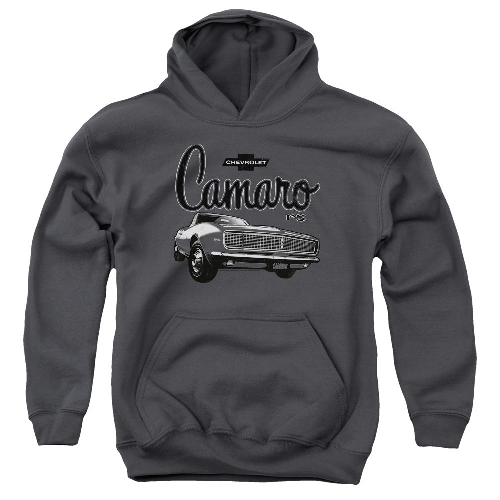 AN OFFCIALLY LICENSED CHEVROLET SCRIPT CAR YOUTH HOODIE CHARCOAL
