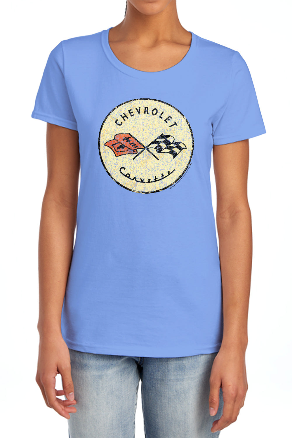 AN OFFCIALLY LICENSED CHEVROLET OLD VETTE WOMEN'S REGULAR FIT T-SHIRT CAROLINA BLUE