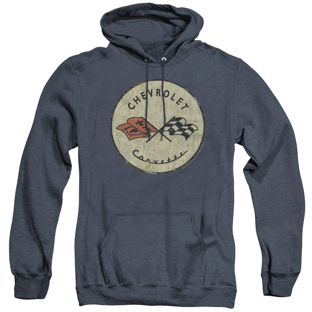 AN OFFCIALLY LICENSED CHEVROLET OLD VETTE ADULT UNISEX HEATHER PULLOVER HOODIE NAVY