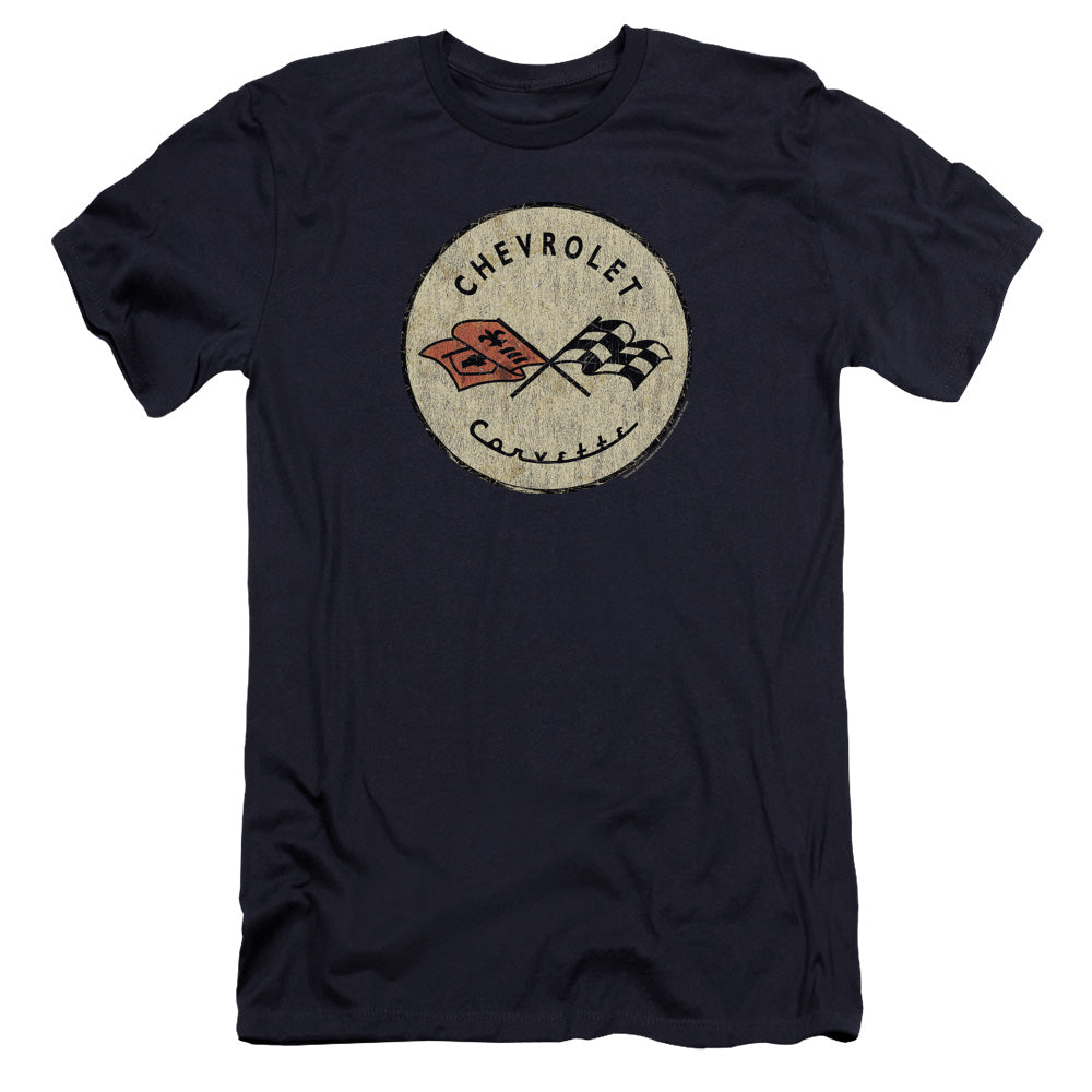 AN OFFCIALLY LICENSED CHEVROLET OLD VETTE MEN'S PREMIUM SLIM FIT T-SHIRT NAVY