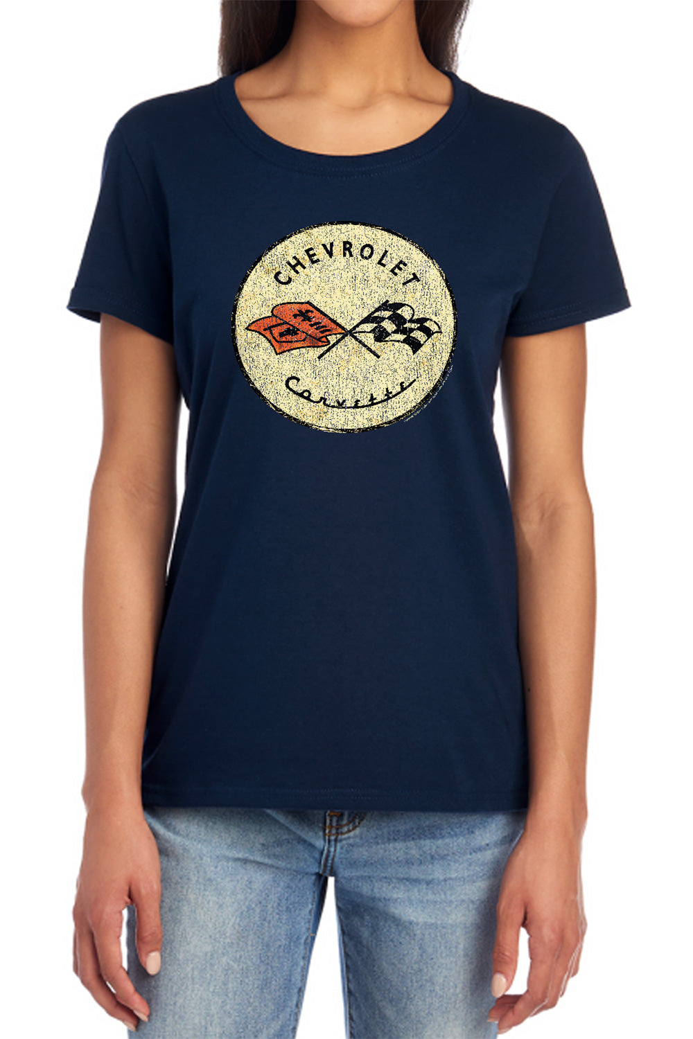 AN OFFCIALLY LICENSED CHEVROLET OLD VETTE WOMEN'S REGULAR FIT T-SHIRT NAVY