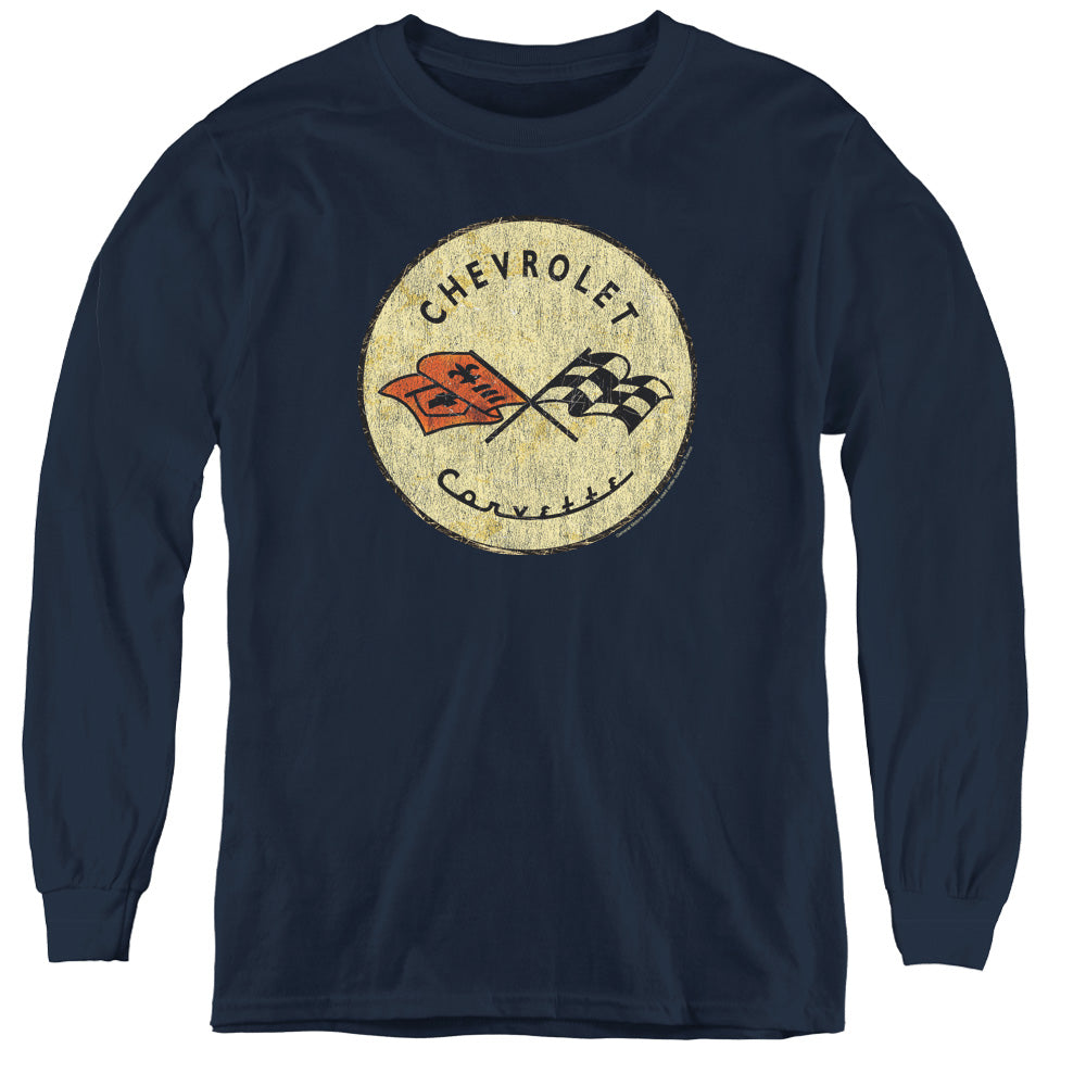 AN OFFCIALLY LICENSED CHEVROLET OLD VETTE YOUTH LONG SLEEVE T-SHIRT NAVY