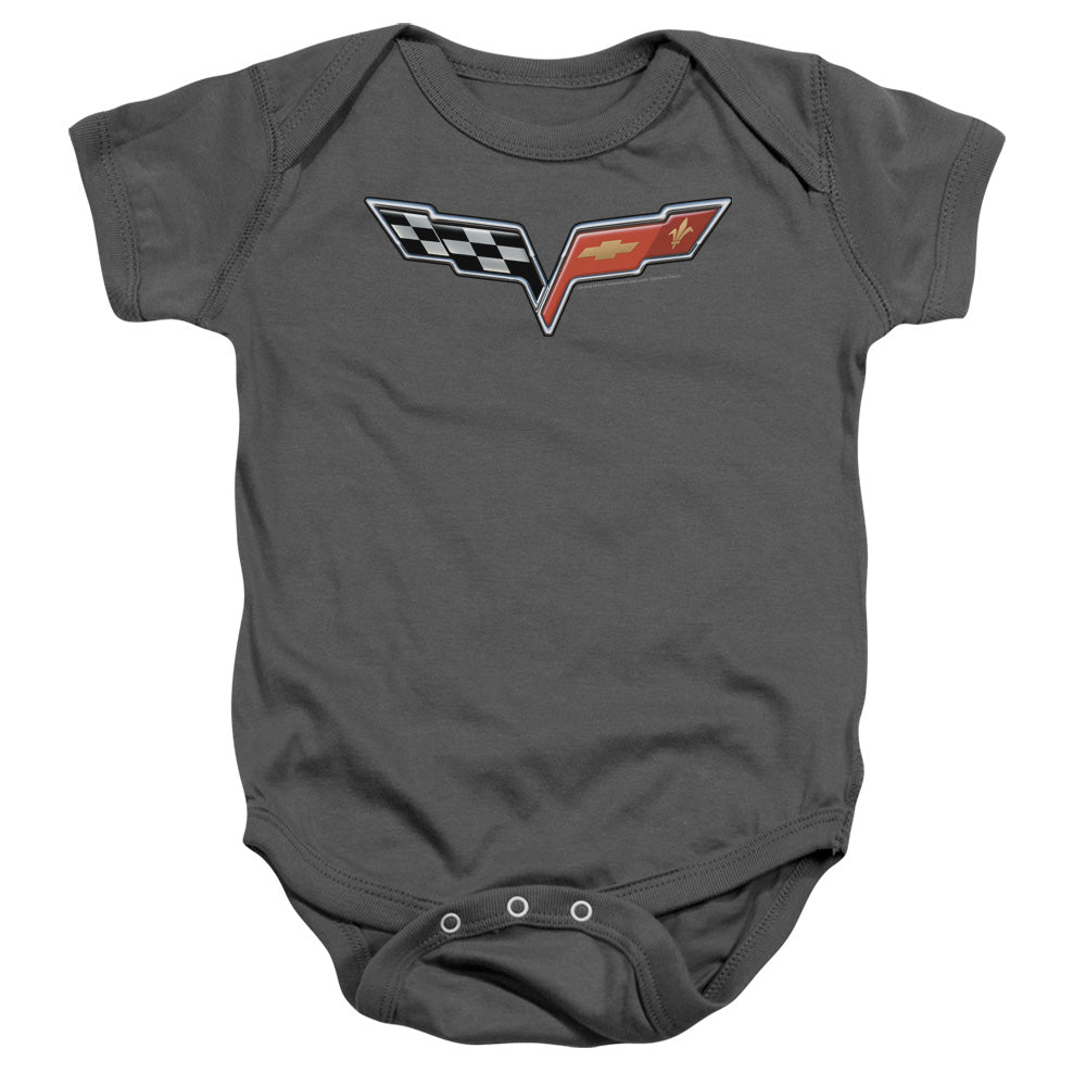 AN OFFCIALLY LICENSED CHEVROLET THE VETTE MEDALLION BABY BODYSUIT CHARCOAL