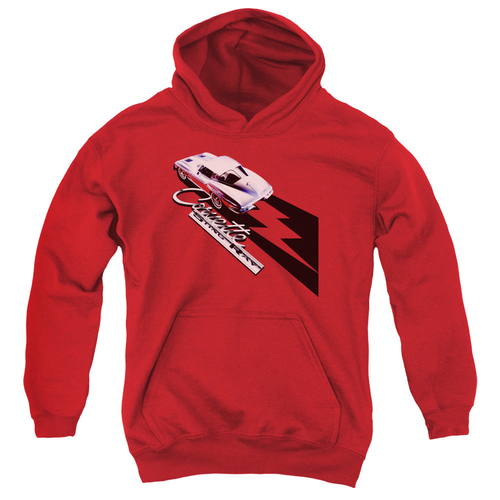 AN OFFCIALLY LICENSED CHEVROLET SPLIT WINDOW STING RAY YOUTH HOODIE RED