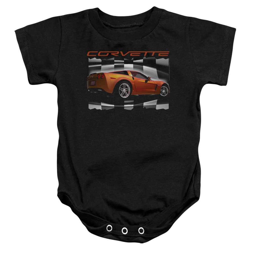 AN OFFCIALLY LICENSED CHEVROLET ORANGE Z06 VETTE BABY BODYSUIT BLACK