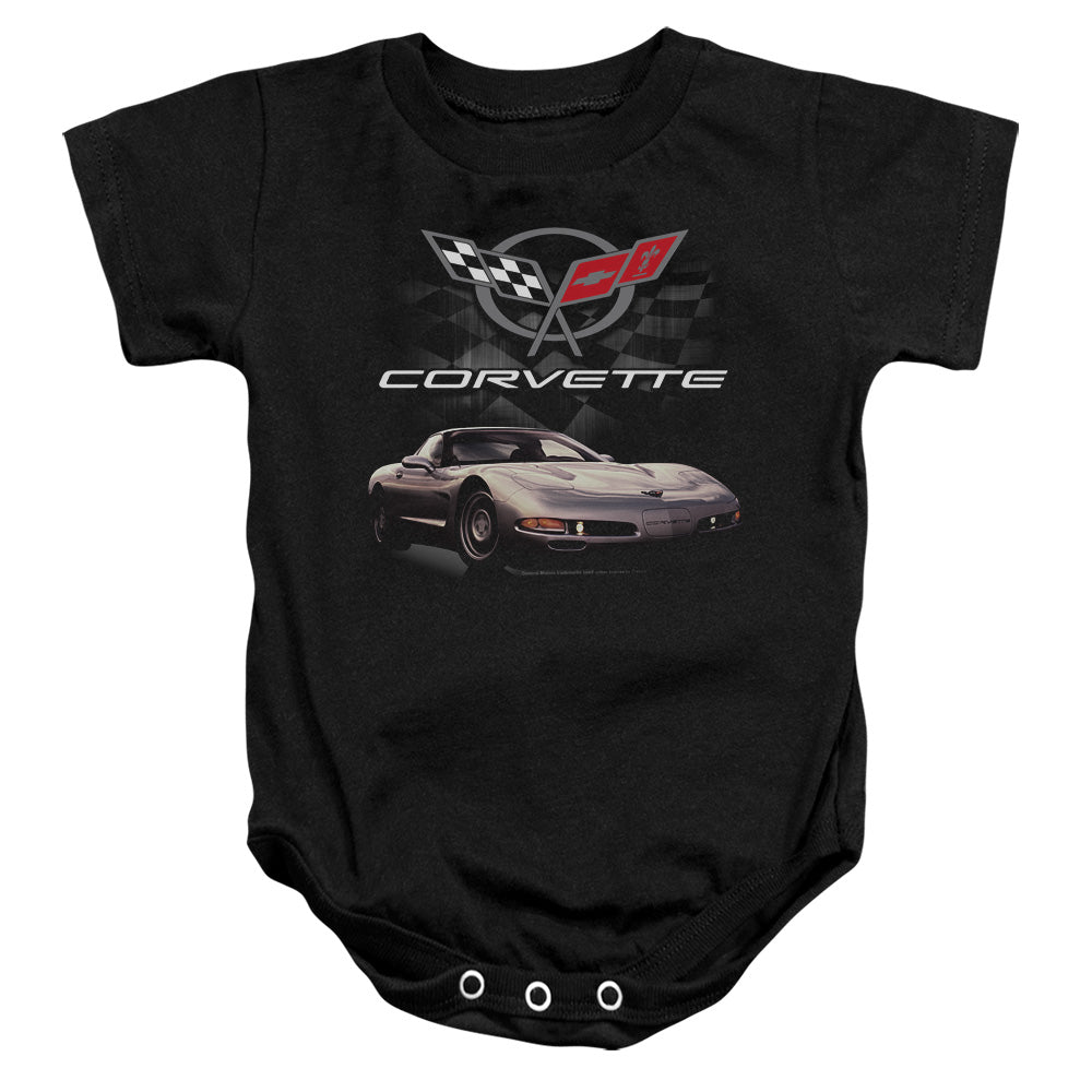AN OFFCIALLY LICENSED CHEVROLET CHECKERED PAST BABY BODYSUIT BLACK
