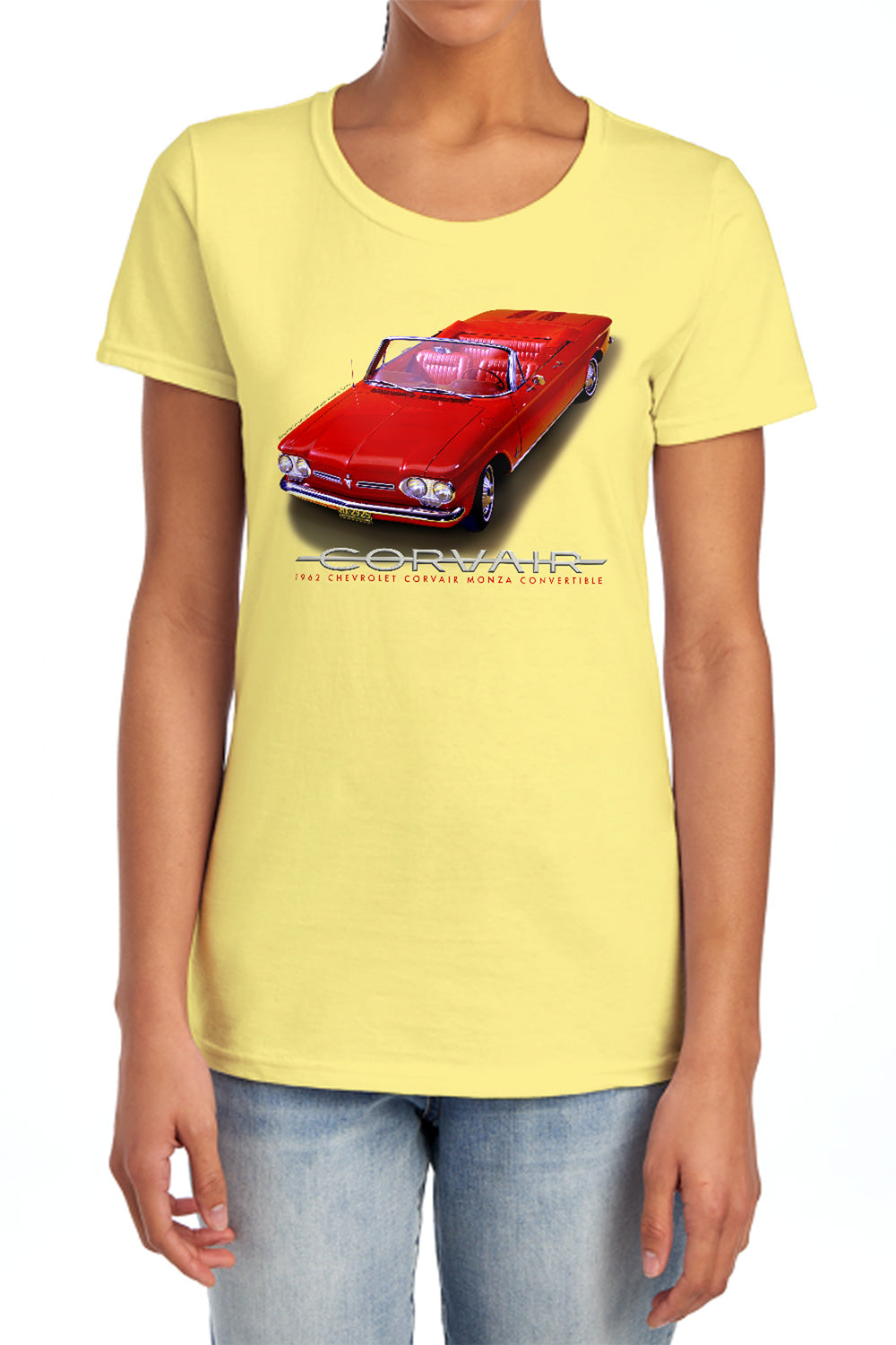 AN OFFCIALLY LICENSED CHEVROLET 62 CORVAIR CONVERTIBLE WOMEN'S REGULAR FIT T-SHIRT BANANA