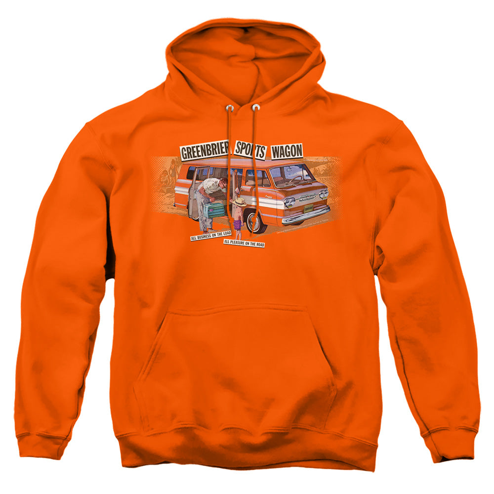 AN OFFCIALLY LICENSED CHEVROLET GREENBRIER CORVAIR SPORT WAGON ADULT UNISEX PULLOVER HOODIE ORANGE