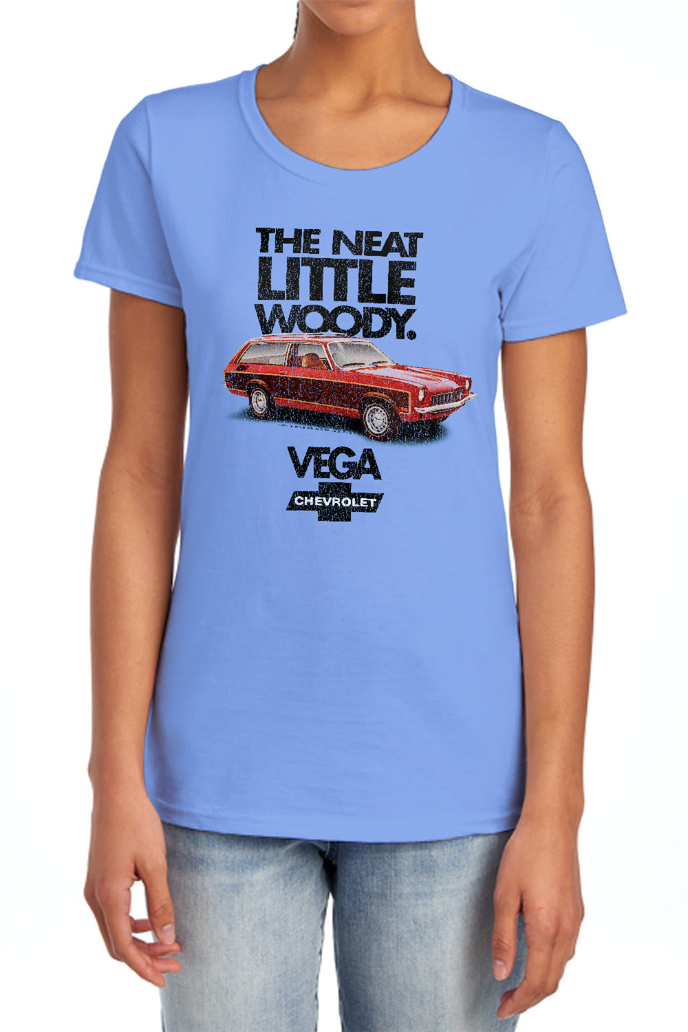 AN OFFCIALLY LICENSED CHEVROLET VEGA THE NEAT LITTLE WOODY WOMEN'S REGULAR FIT T-SHIRT CAROLINA BLUE