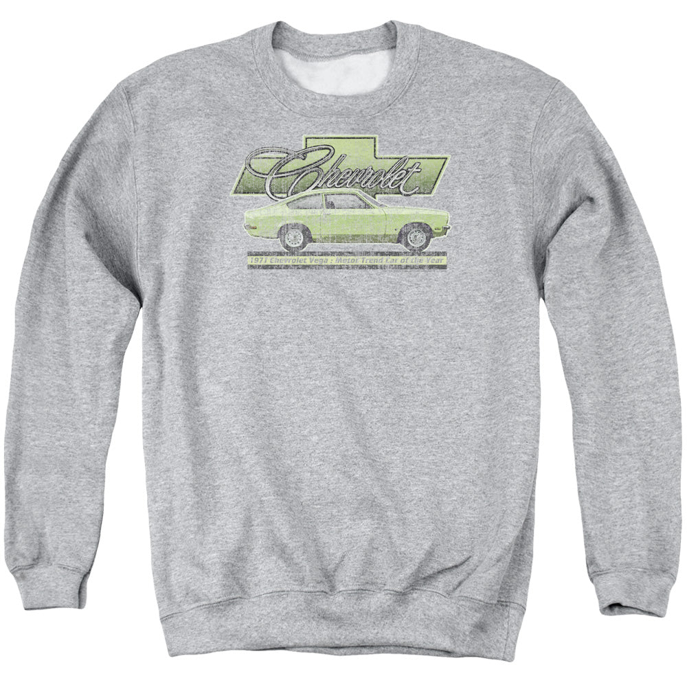 AN OFFCIALLY LICENSED CHEVROLET VEGA CAR OF THE YEAR 71 ADULT UNISEX CREWNECK SWEATSHIRT ATHLETIC HEATHER