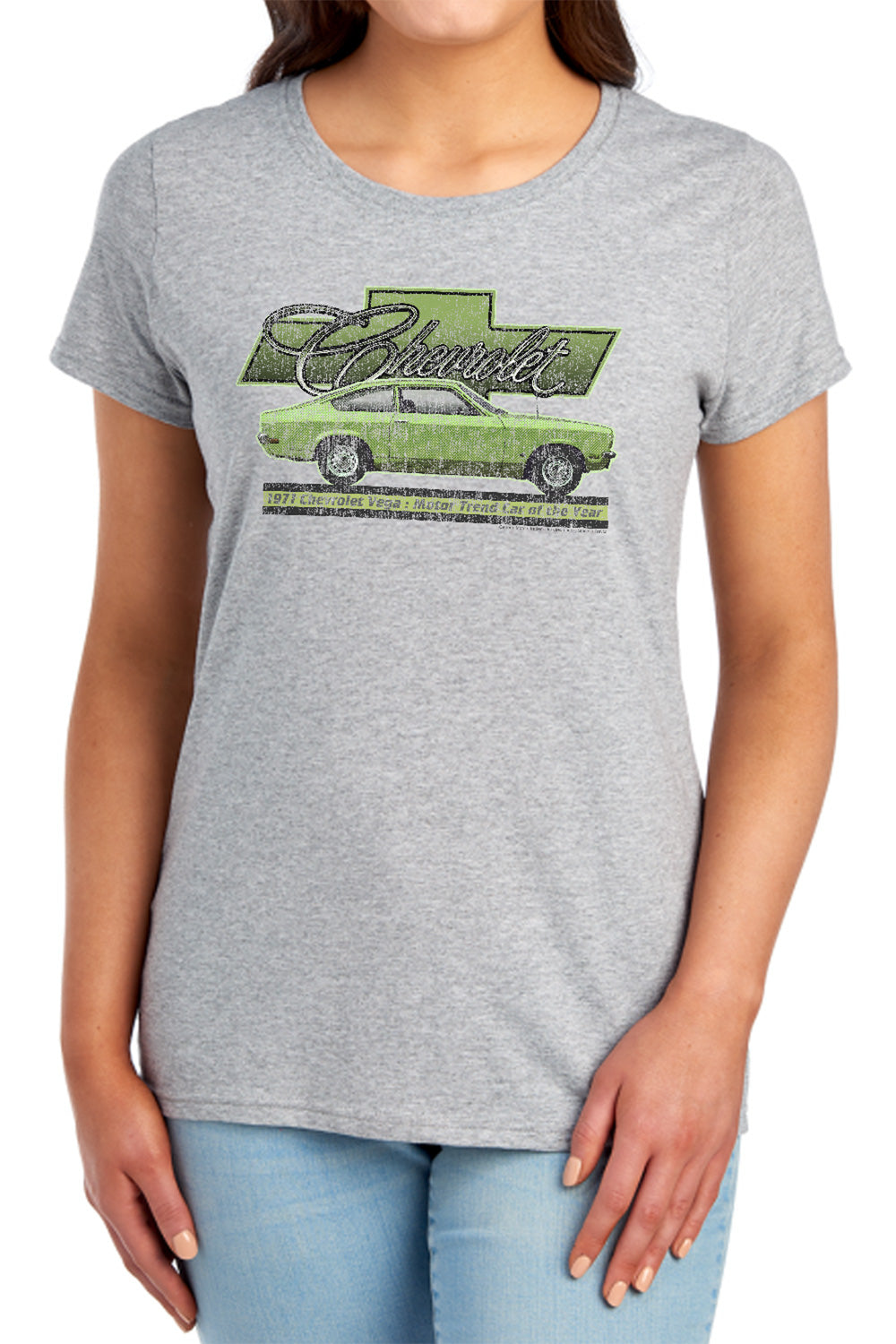 AN OFFCIALLY LICENSED CHEVROLET VEGA CAR OF THE YEAR 71 WOMEN'S REGULAR FIT T-SHIRT ATHLETIC HEATHER
