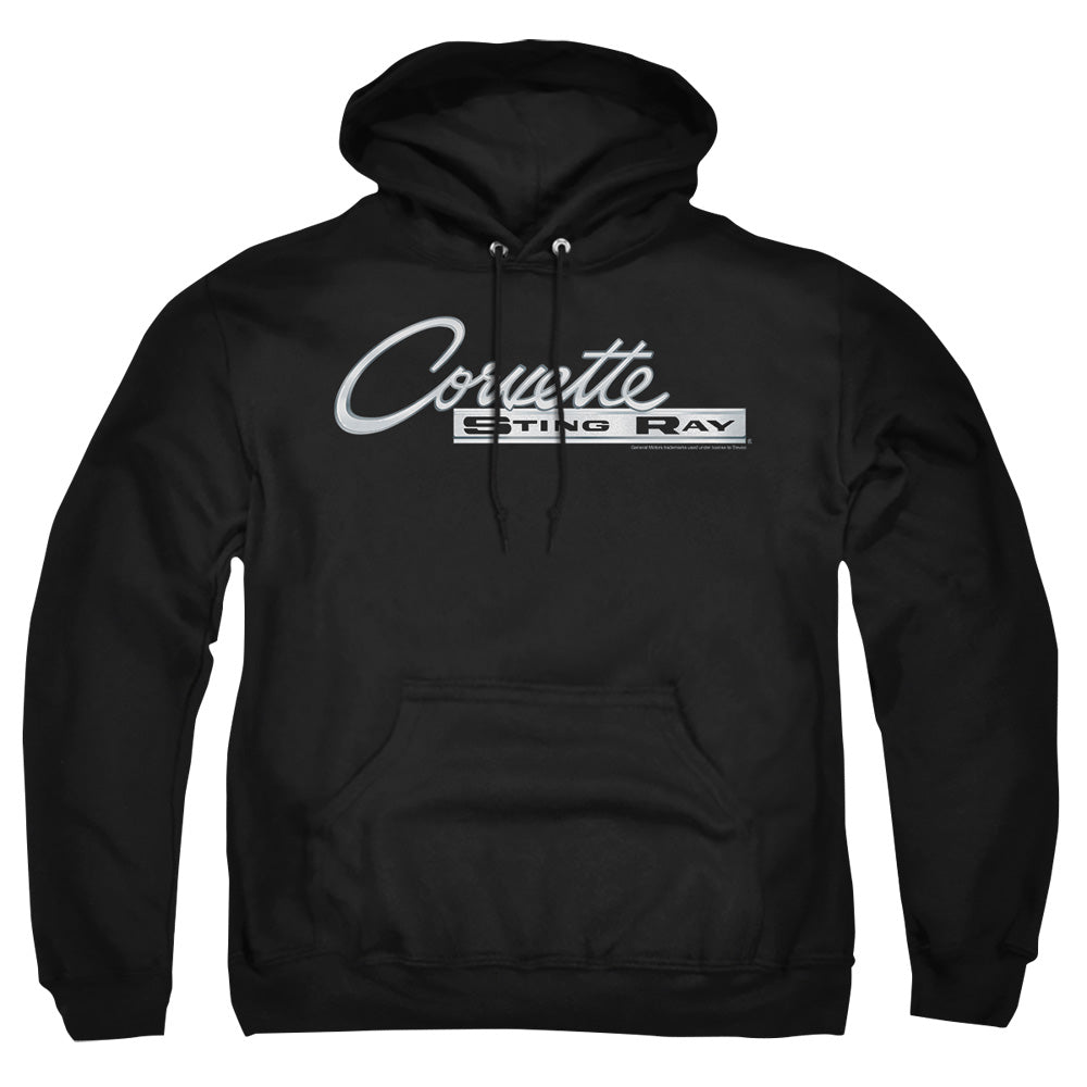 AN OFFCIALLY LICENSED CHEVROLET CHROME STINGRAY LOGO ADULT UNISEX PULLOVER HOODIE BLACK