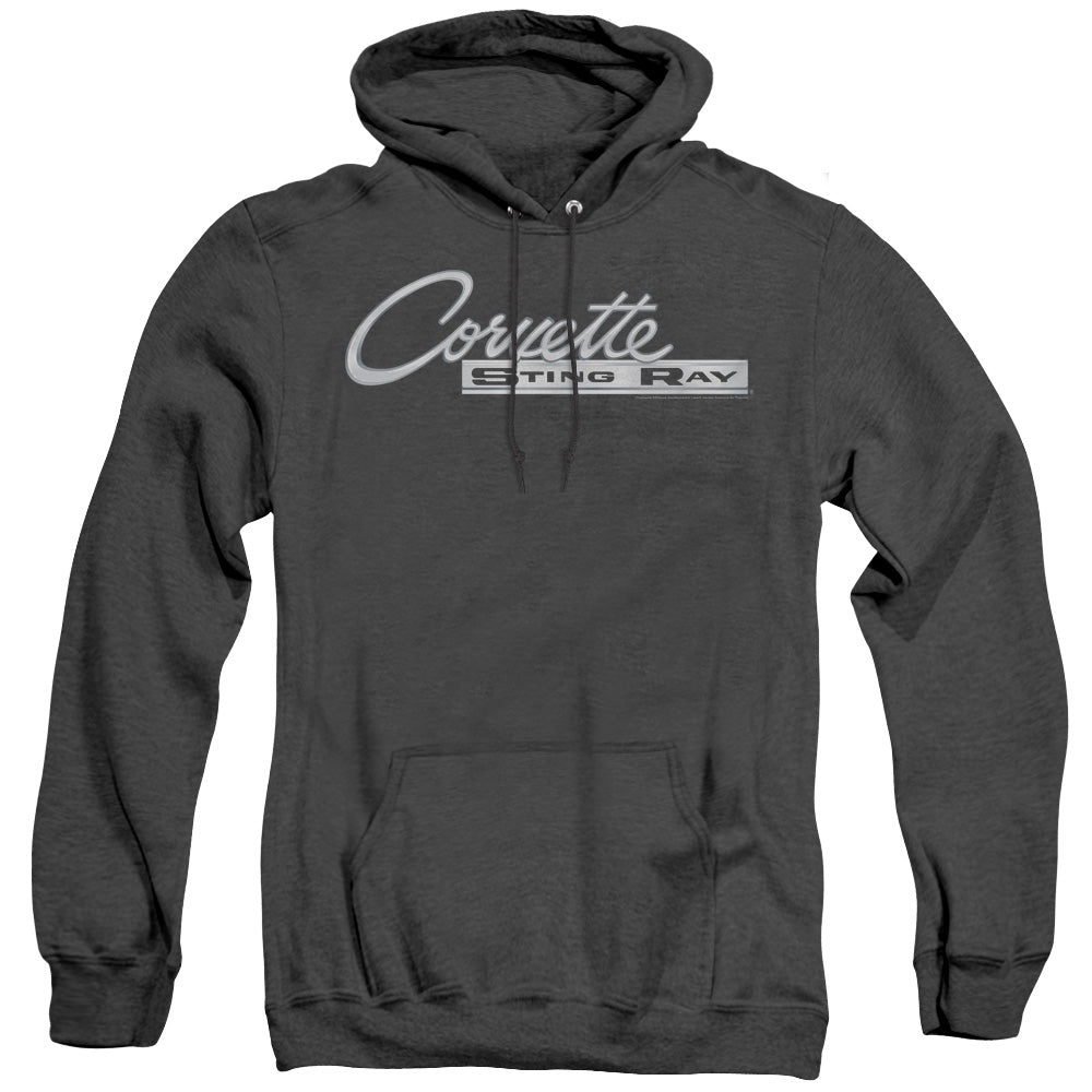 AN OFFCIALLY LICENSED CHEVROLET CHROME STINGRAY LOGO ADULT UNISEX HEATHER PULLOVER HOODIE BLACK
