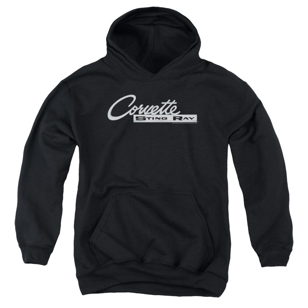 AN OFFCIALLY LICENSED CHEVROLET CHROME STINGRAY LOGO YOUTH HOODIE BLACK