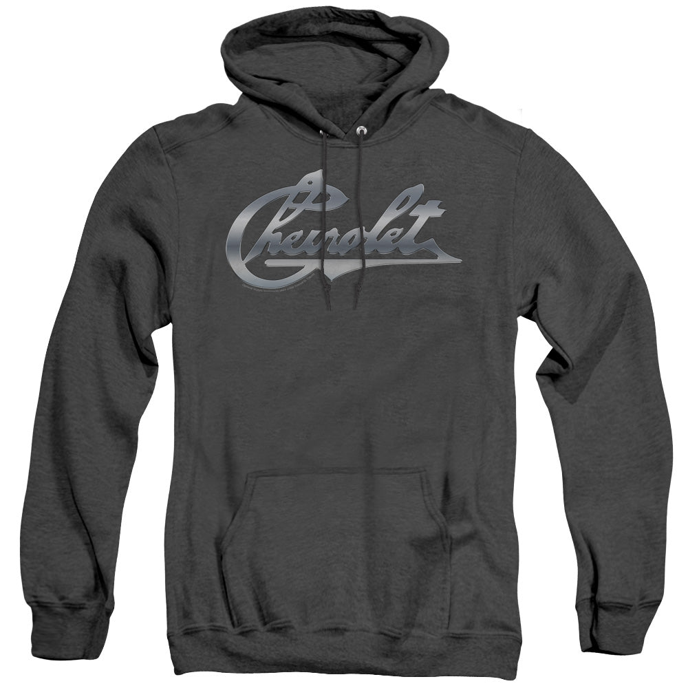 AN OFFCIALLY LICENSED CHEVROLET CHROME VINTAGE CHEVY BOWTIE ADULT UNISEX HEATHER PULLOVER HOODIE BLACK